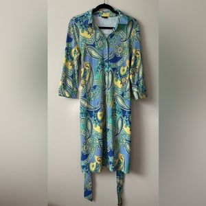 Talbots Paisley Blue Yellow Belted Shirt Dress 3/4 Sleeve Size Medium